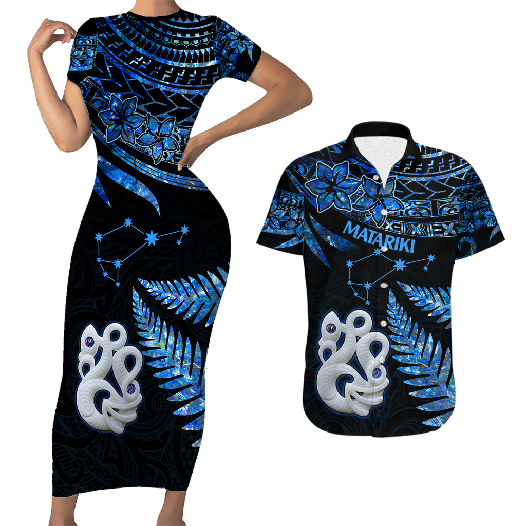 Matching Outfits For Couples Maori Short Sleeve Body Long Dress and Hawaiian Shirt Matariki Stars Manaia with Paua Shell - Blue LT9 Blue - Polynesian Pride