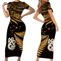 Matching Outfits For Couples Maori Short Sleeve Body Long Dress and Hawaiian Shirt Matariki Stars Manaia with Paua Shell - Gold LT9 - Polynesian Pride