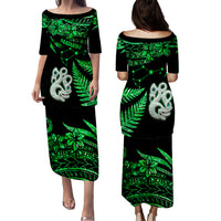 Couples Matching Hawaiian Outfits Matariki New Zealand Puletasi Dress and Hawaiian Shirt Manaia with Paua Shell - Green LT9 - Polynesian Pride
