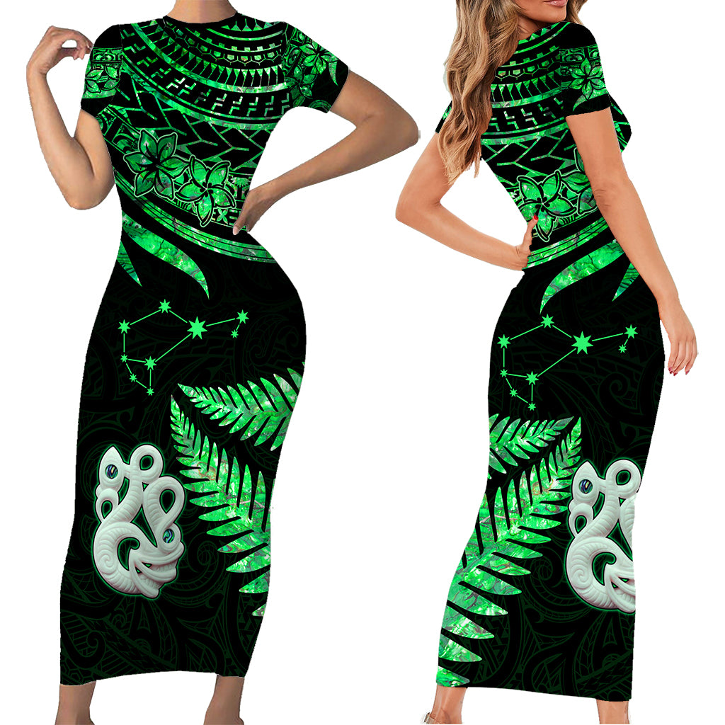 Matching Outfits For Couples Maori Short Sleeve Body Long Dress and Hawaiian Shirt Matariki Stars Manaia with Paua Shell - Green LT9 - Polynesian Pride