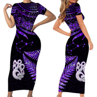 Matching Outfits For Couples Maori Short Sleeve Body Long Dress and Hawaiian Shirt Matariki Stars Manaia with Paua Shell - Purple LT9 - Polynesian Pride