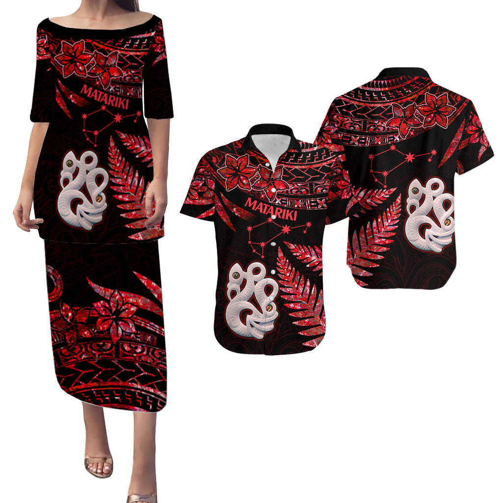 Couples Matching Hawaiian Outfits Matariki New Zealand Puletasi Dress and Hawaiian Shirt Manaia with Paua Shell - Red LT9 Red - Polynesian Pride