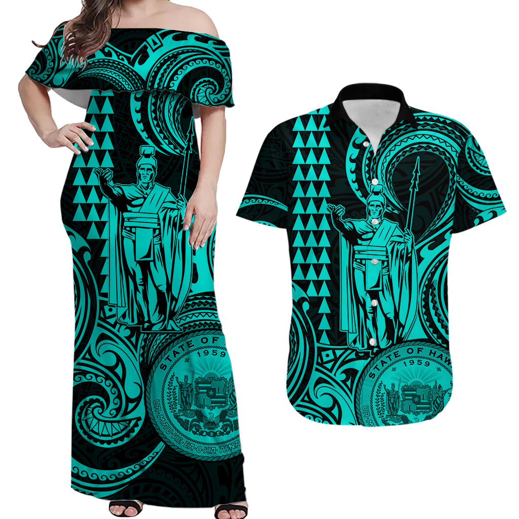 Hawaii Couple Outfit Ideas King Kamehameha Matching Dress and Hawaiian Shirt Paradise of the Pacific Tribal Kakau with Kanaka Maoli Turquoise LT9 Turquoise - Polynesian Pride