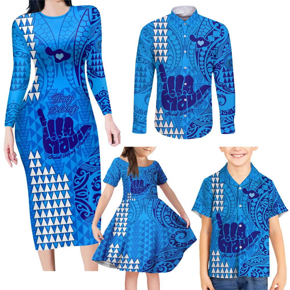 Strong Maui Family Matching Long Sleeve Bodycon Dress and Hawaiian Shirt Good Living Hawaii with Shaka Sign Kakau Tribal Blue LT9 - Polynesian Pride