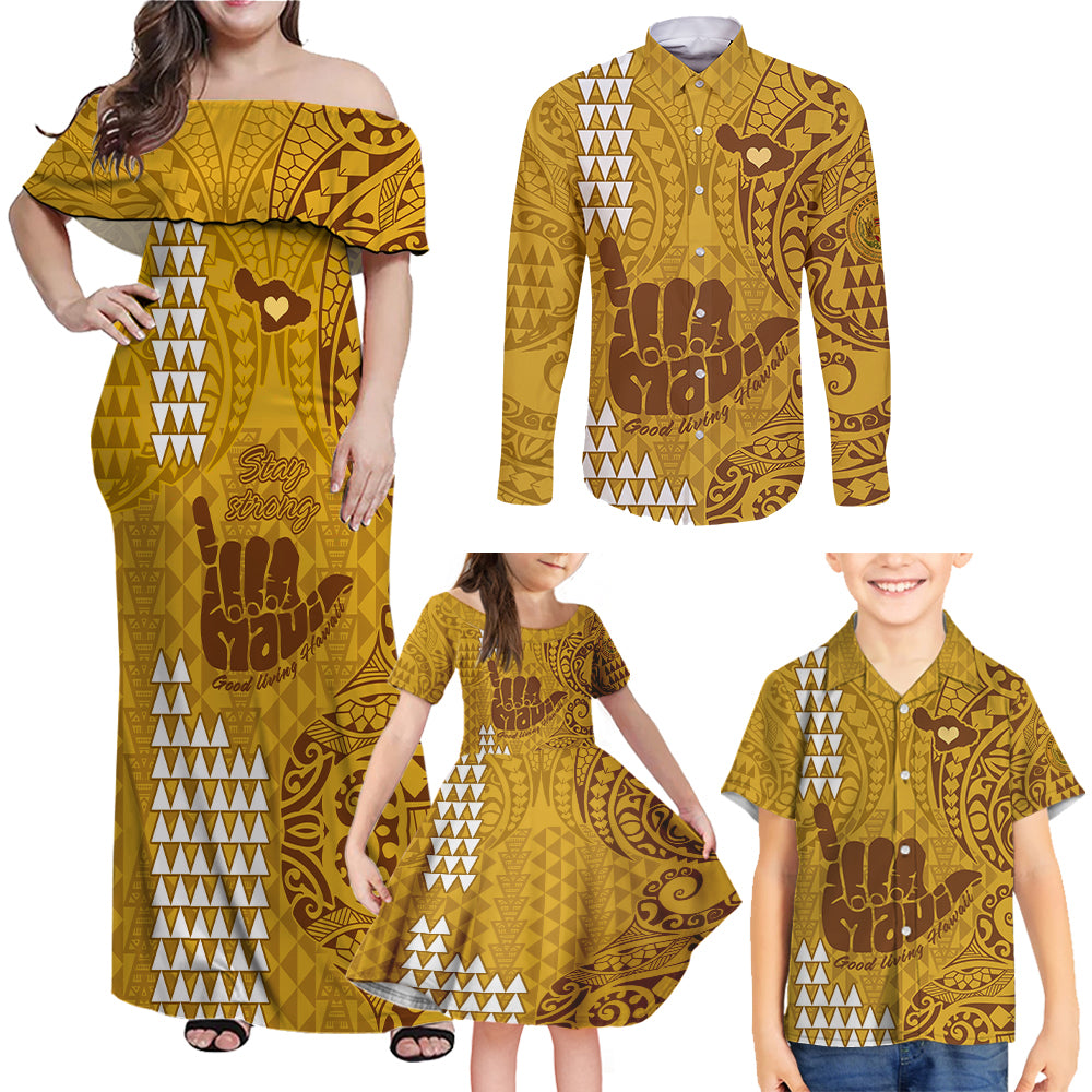 Strong Maui Family Matching Off Shoulder Maxi Dress and Hawaiian Shirt Good Living Hawaii with Shaka Sign Kakau Tribal Gold LT9 - Polynesian Pride