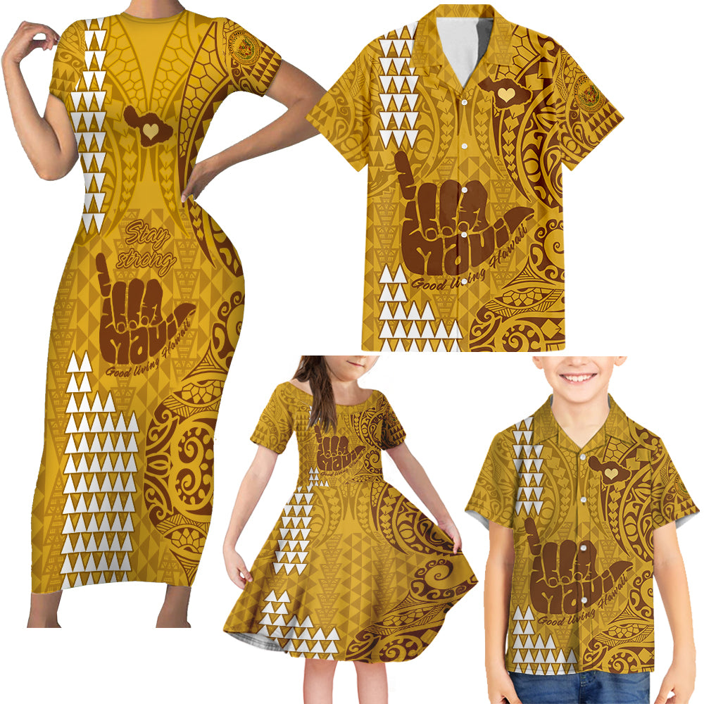 Strong Maui Family Short Sleeve Bodycon Dress and Hawaiian Shirt Good Living Hawaii with Shaka Sign Kakau Tribal Gold LT9 Gold - Polynesian Pride