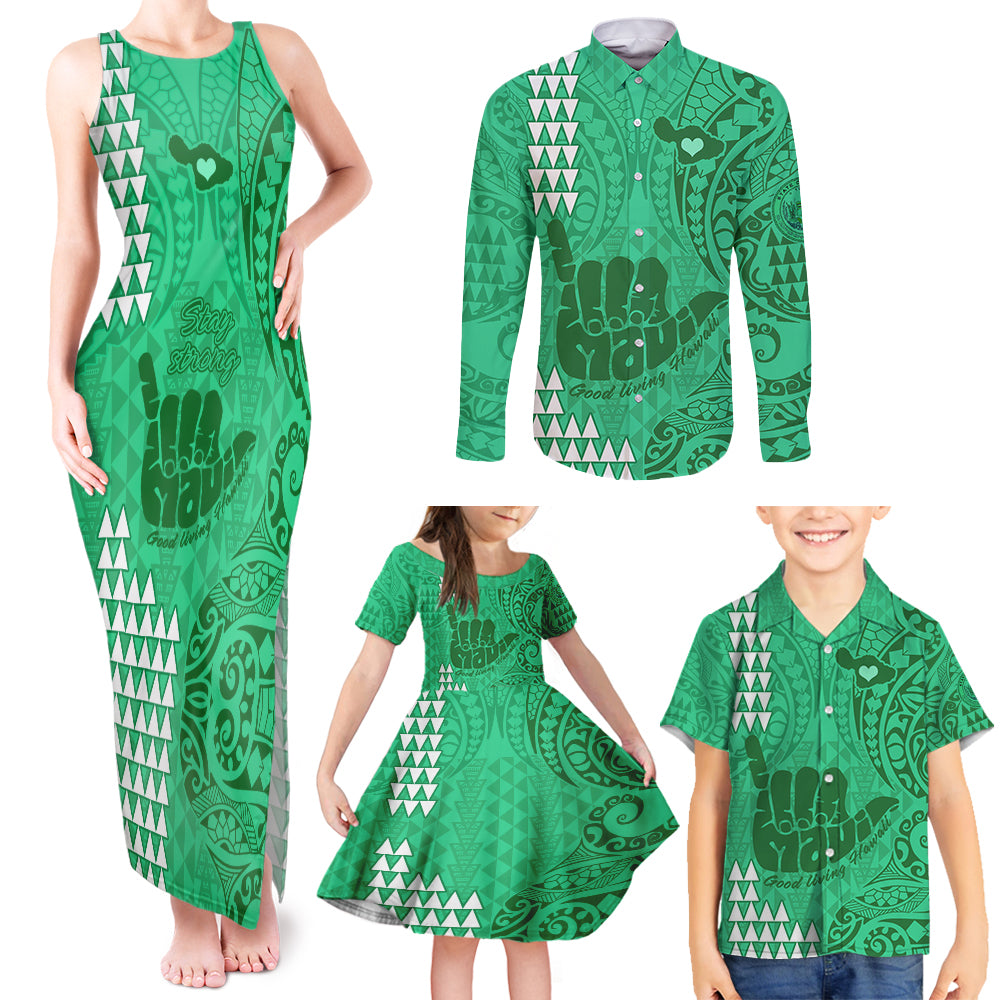 Strong Maui Family Matching Tank Maxi Dress and Hawaiian Shirt Good Living Hawaii with Shaka Sign Kakau Tribal Green LT9 - Polynesian Pride