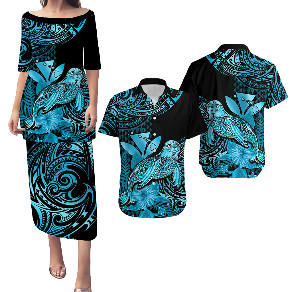 Matching Outfit For Couples Hawaii Monk Seal Puletasi Dress and Hawaiian Shirt Polynesian Kakau With Kanaka Turquoise LT14 Turquoise - Polynesian Pride