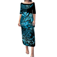 Matching Outfit For Couples Hawaii Monk Seal Puletasi Dress and Hawaiian Shirt Polynesian Kakau With Kanaka Turquoise LT14 - Polynesian Pride