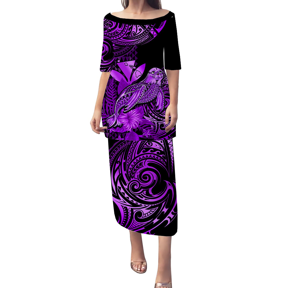Matching Outfit For Couples Hawaii Monk Seal Puletasi Dress and Hawaiian Shirt Polynesian Kakau With Kanaka Purple LT14 - Polynesian Pride