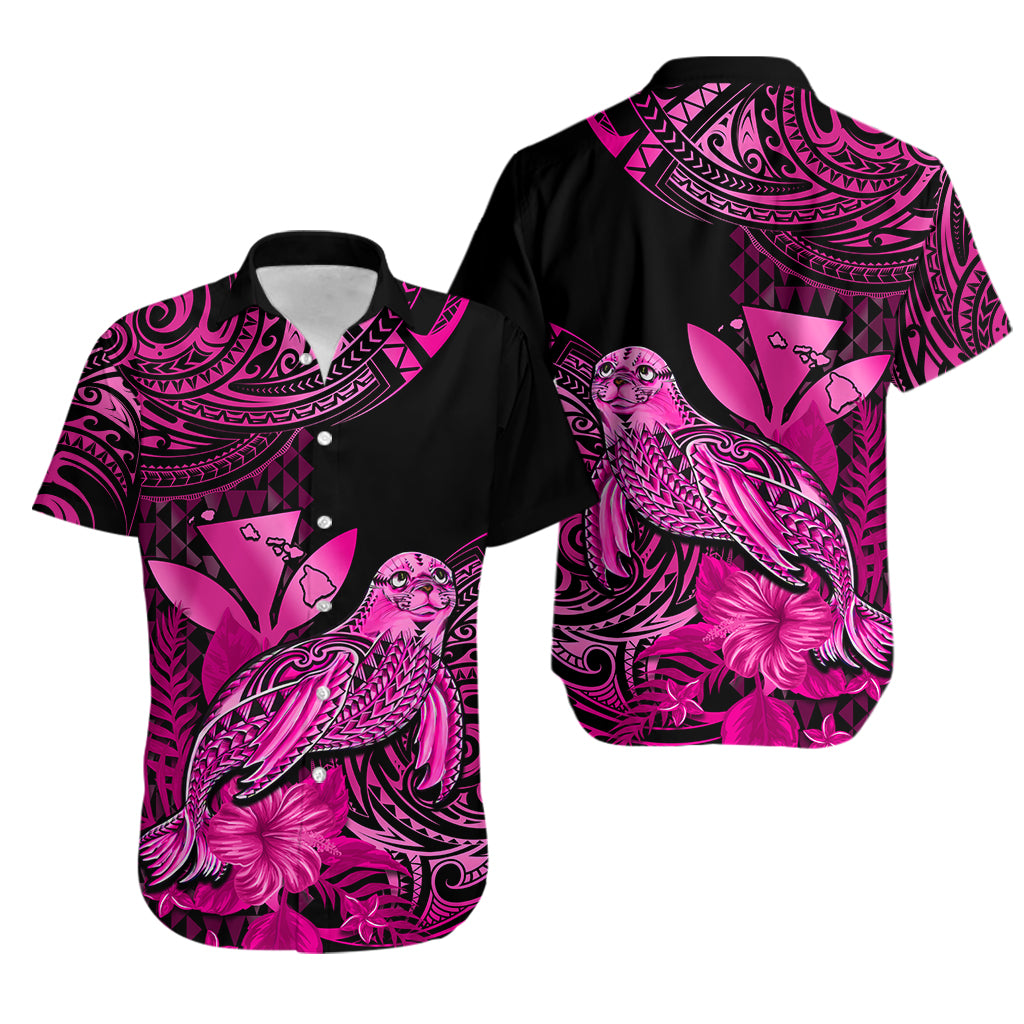 Matching Outfit For Couples Hawaii Monk Seal Puletasi Dress and Hawaiian Shirt Polynesian Kakau With Kanaka Pink LT14 - Polynesian Pride