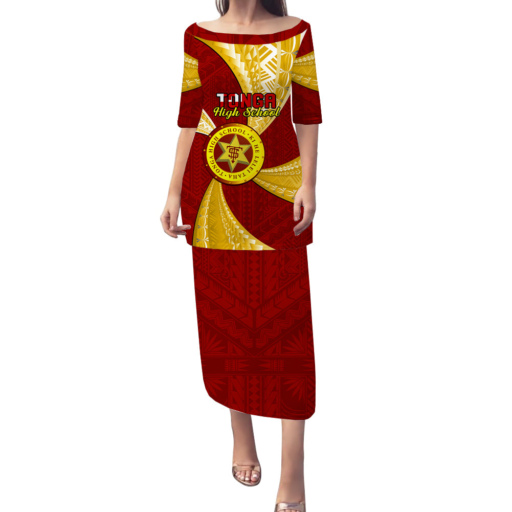 Personalised Tonga High School Puletasi Dress Tongan Ngatu Pattern LT14 Long Dress Red - Polynesian Pride