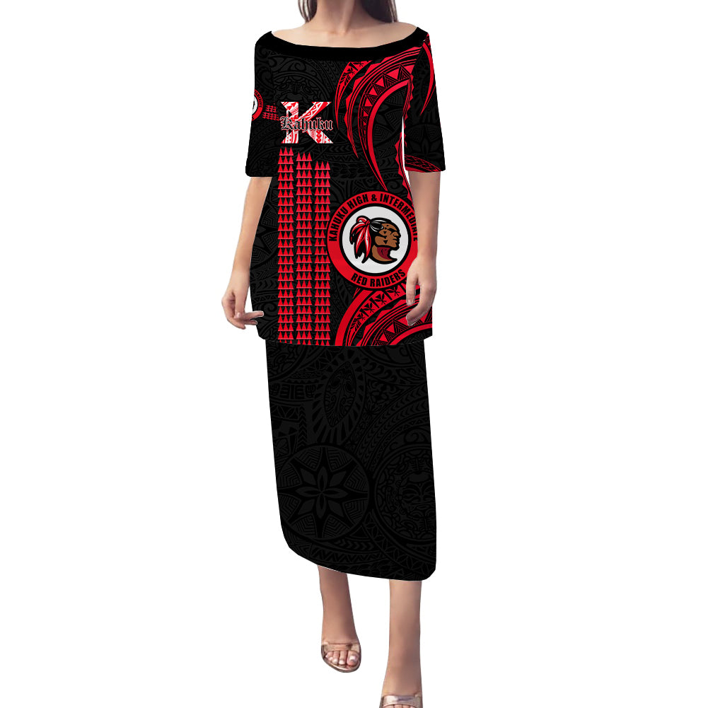 Matching Outfit For Couples Hawaii Kahuku High And Intermediate School Puletasi Dress and Hawaiian Shirt Polynesian Kakau Pattern LT14 - Polynesian Pride