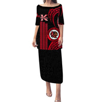 Matching Outfit For Couples Hawaii Kahuku High And Intermediate School Puletasi Dress and Hawaiian Shirt Polynesian Kakau Pattern LT14 - Polynesian Pride