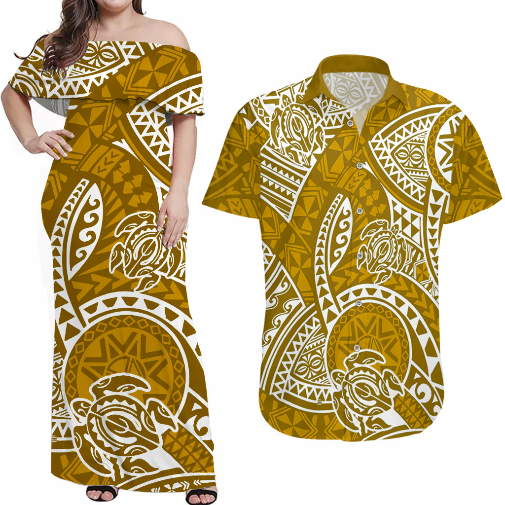 Couples Matching Hawaiian Outfits Couples Long Dress and Hawaiian Shirt Hawaiian Tribal Honu Gold Version LT14 Gold - Polynesian Pride