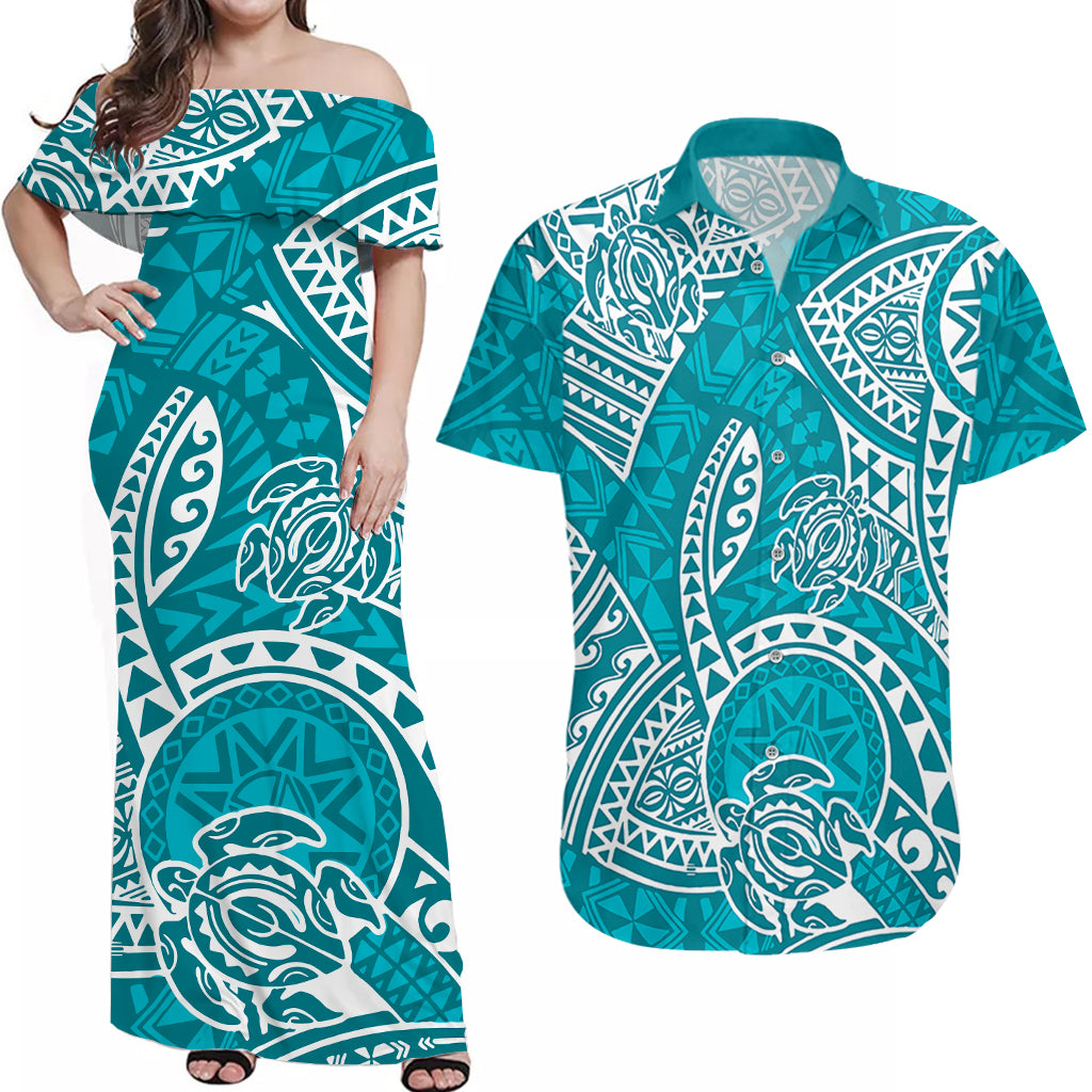 Couples Matching Hawaiian Outfits Couples Long Dress and Hawaiian Shirt Hawaiian Tribal Honu Turquoise Version LT14 Turquoise - Polynesian Pride