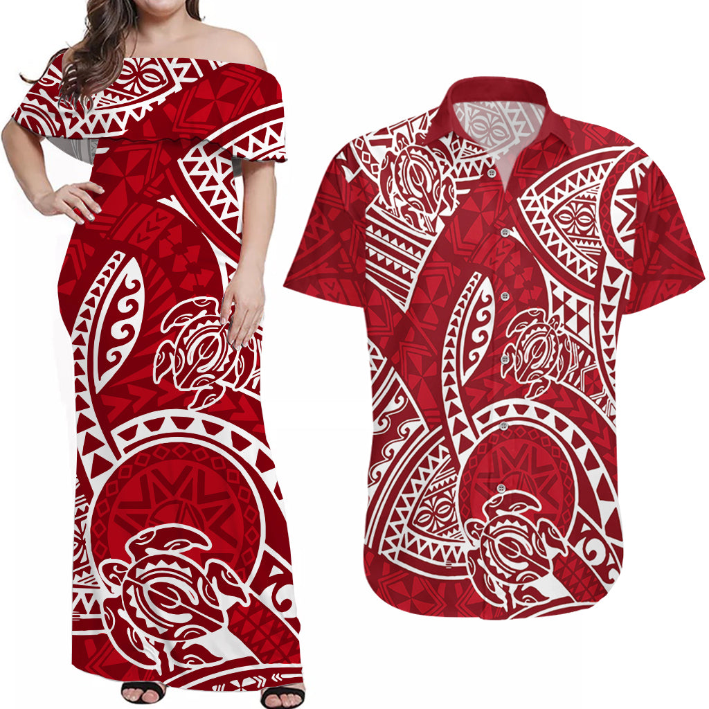 Couples Matching Hawaiian Outfits Couples Long Dress and Hawaiian Shirt Hawaiian Tribal Honu Red Version LT14 Red - Polynesian Pride