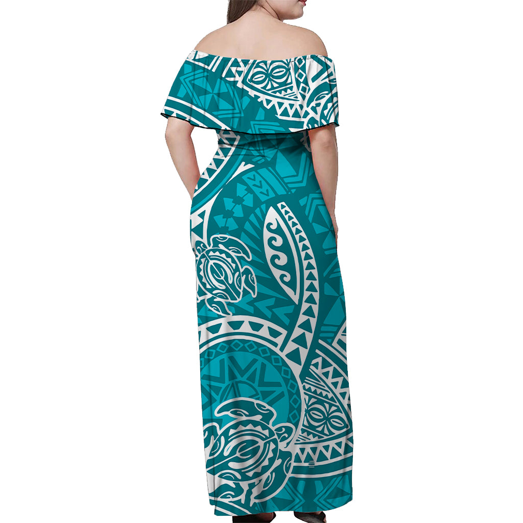 Hawaii Off Shoulder Long Dress Hawaiian Tribal Honu Turquoise Version LT14 - Polynesian Pride