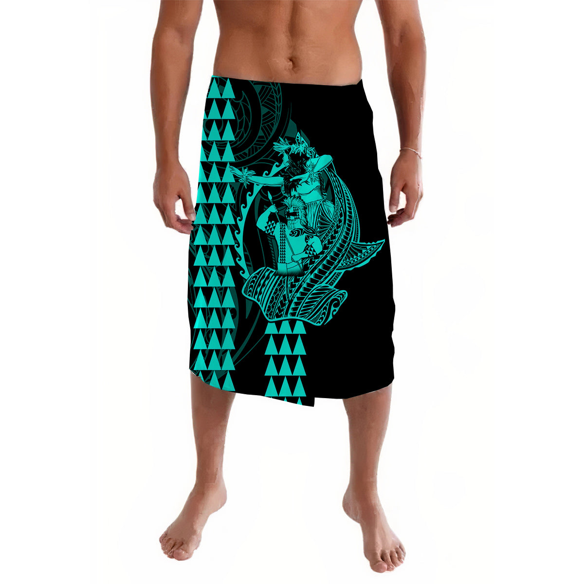 Polynesian Lavalava Hawaiian Warrior and Aloha Girl With Hammerhead Shark Tattoos Turquoise LT6 Lavalava Green - Polynesian Pride