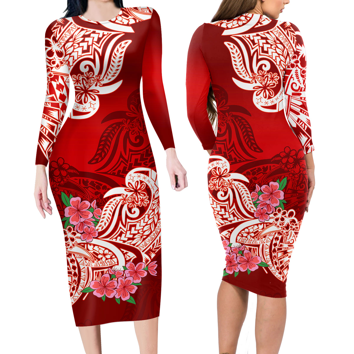 Polynesian Matching Outfit For Couples Floral Tribal Red Style Bodycon Dress And Hawaii Shirt LT9 - Polynesian Pride