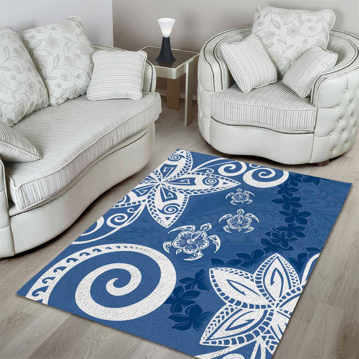 Polynesia Area Rug Blue Tribal Turtle Floral Pattern LT05