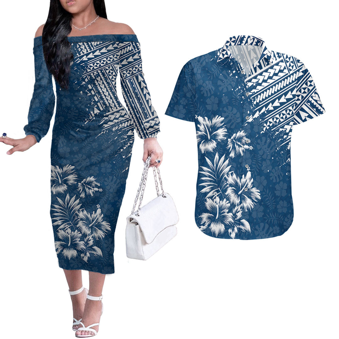 Hawaii Summer Couples Matching Outfits Combo Long Sleeve Dress Mix Polynesian Dark Blue LT6 Blue - Polynesian Pride