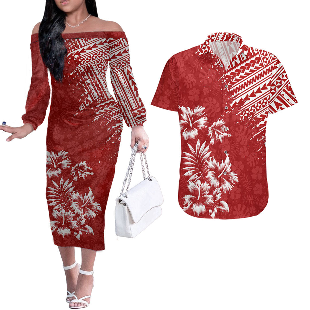 Hawaii Summer Couples Matching Outfits Combo Long Sleeve Dress Mix Polynesian Red LT6 Red - Polynesian Pride