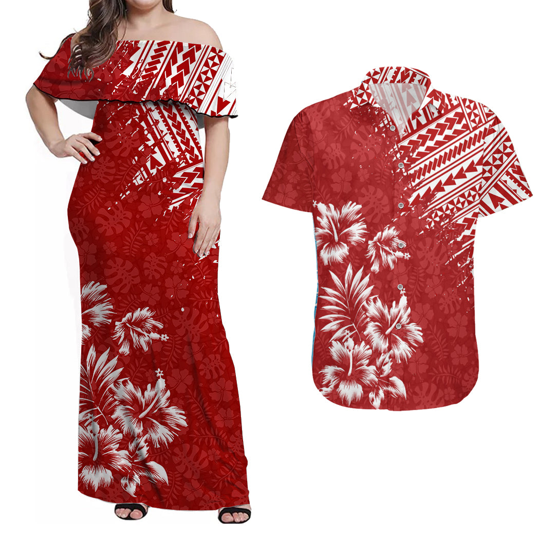 Hawaii Summer Matching Dress and Hawaiian Shirt Mix Polynesian Red LT6 Red - Polynesian Pride