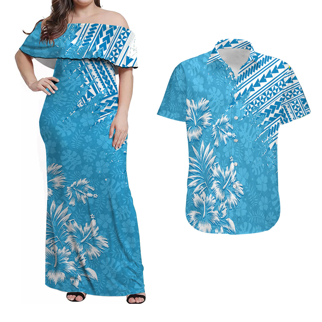 Hawaii Summer Matching Dress and Hawaiian Shirt Mix Polynesian Light Blue LT6 Light Blue - Polynesian Pride