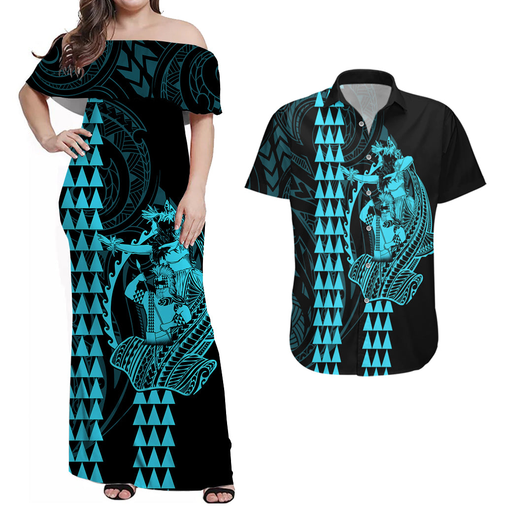 Polynesian Matching Clothes For Couples Hawaiian Warrior and Aloha Girl With Hammerhead Shark Tattoos Light Blue LT6 Blue - Polynesian Pride