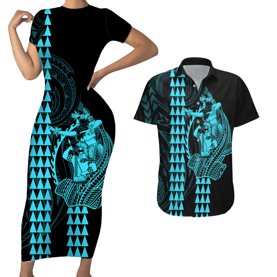 Polynesian Couples Matching Outfits Combo Bodycon Dress And Hawaii Shirt Hawaiian Warrior and Aloha Girl With Hammerhead Shark Tattoos Light Blue LT6 - Polynesian Pride