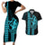 Polynesian Couples Matching Outfits Combo Bodycon Dress And Hawaii Shirt Hawaiian Warrior and Aloha Girl With Hammerhead Shark Tattoos Light Blue LT6 - Polynesian Pride