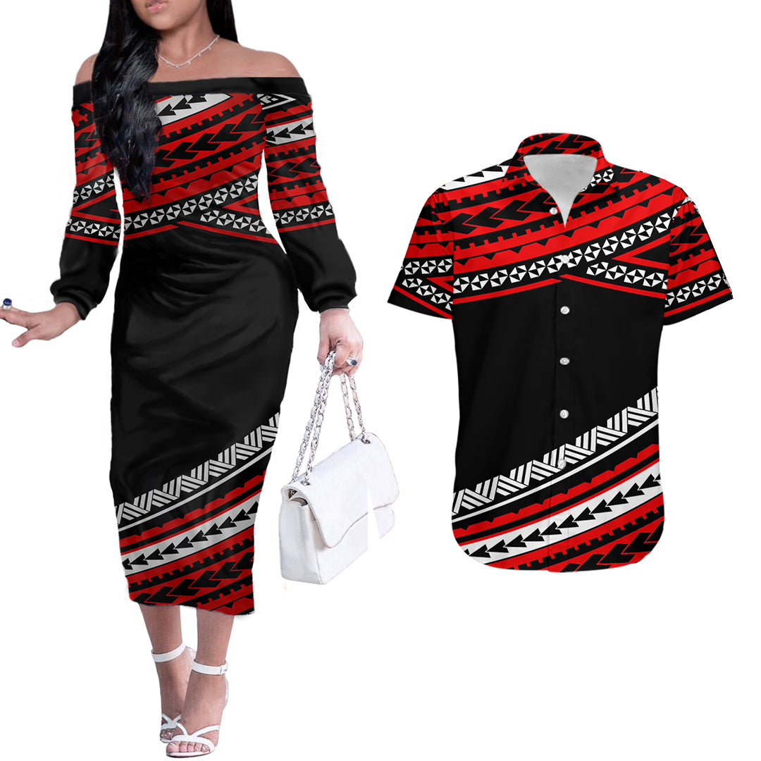 Polynesian Couples Matching Outfits Combo Long Sleeve Dress Simple Red LT6 Red - Polynesian Pride