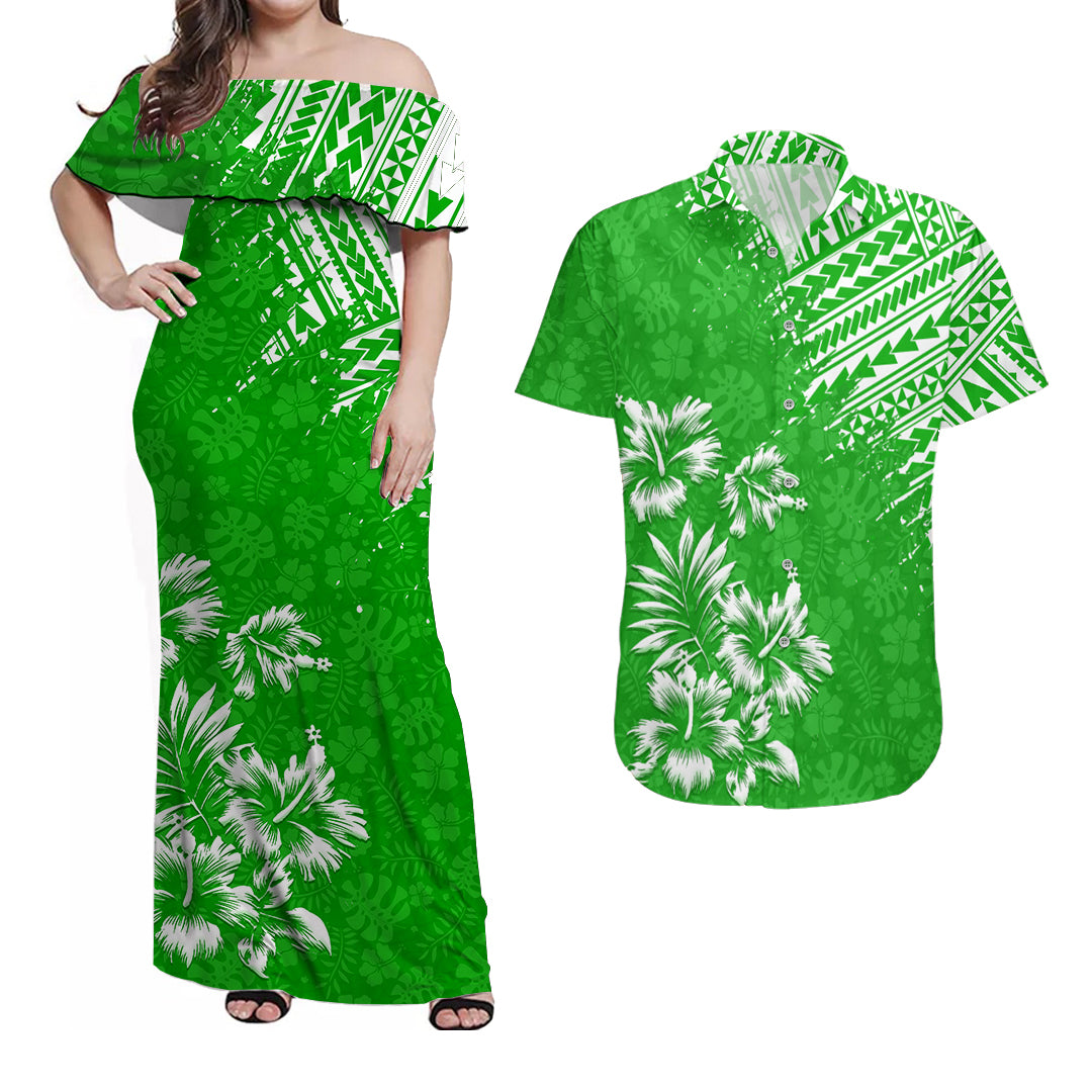 Hawaii Summer Matching Dress and Hawaiian Shirt Mix Polynesian Green LT6 Green - Polynesian Pride