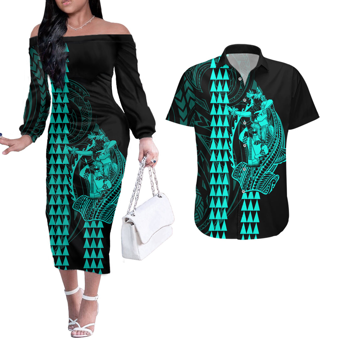 Polynesian Couples Matching Outfits Long Sleeve Dress And Long Sleeve Button Shirt Hawaiian Warrior and Aloha Girl With Hammerhead Shark Tattoos Turquoise LT6 Green - Polynesian Pride