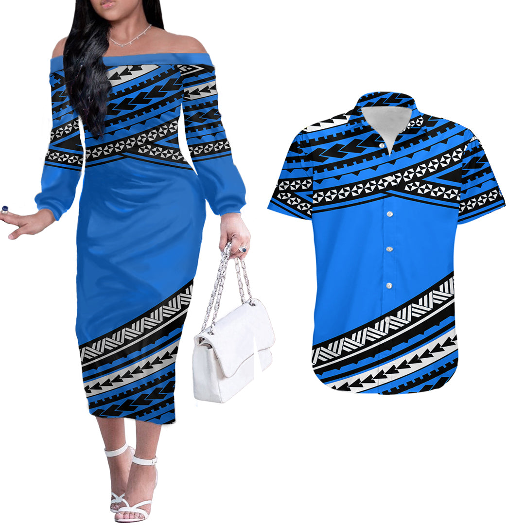 Polynesian Couples Matching Outfits Combo Long Sleeve Dress Simple Blue LT6 Blue - Polynesian Pride