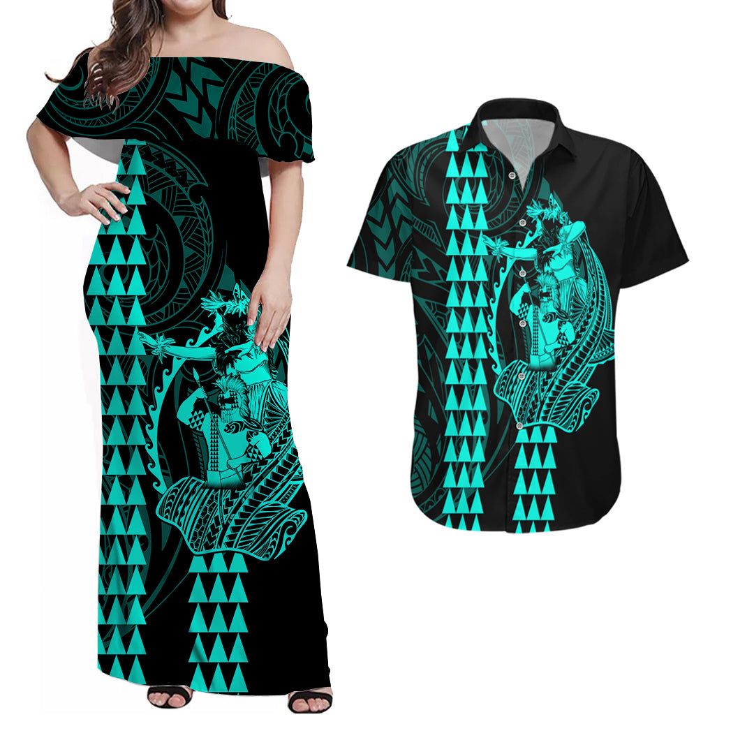 Polynesian Matching Clothes For Couples Hawaiian Warrior and Aloha Girl With Hammerhead Shark Tattoos Turquoise LT6 Green - Polynesian Pride