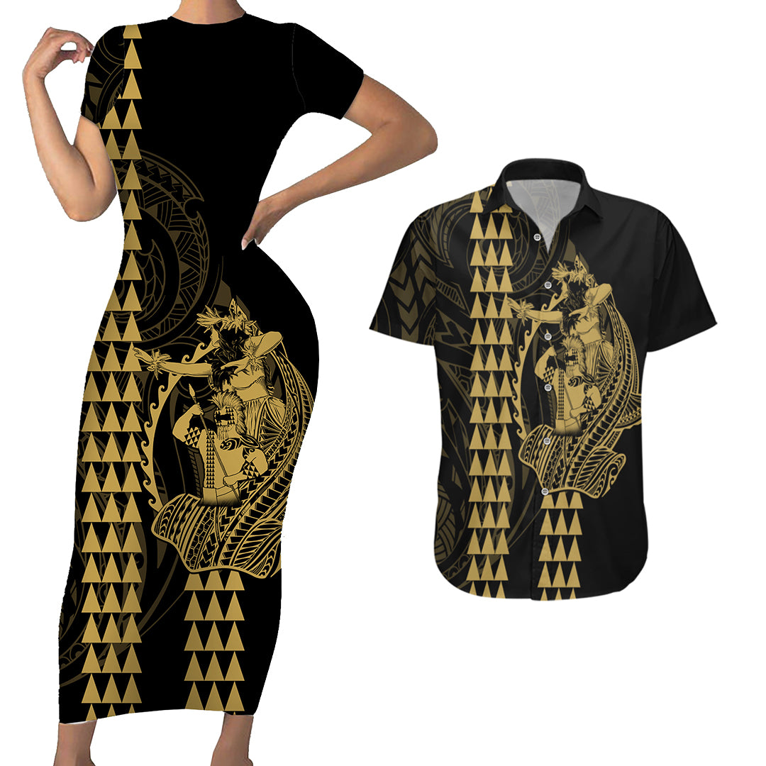 Polynesian Couples Matching Outfits Combo Bodycon Dress And Hawaii Shirt Hawaiian Warrior and Aloha Girl With Hammerhead Shark Tattoos Gold LT6 - Polynesian Pride