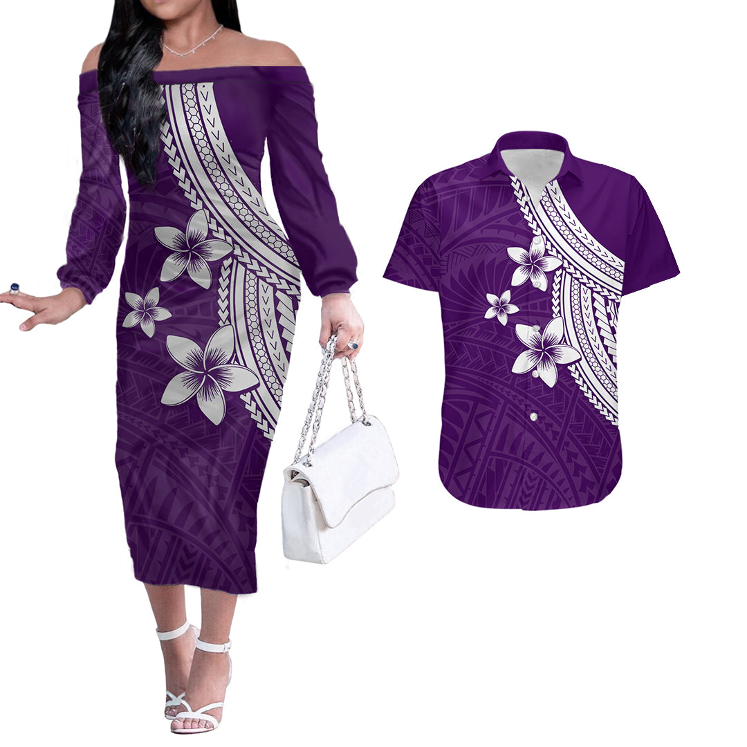Polynesian Couples Matching Outfits Combo Long Sleeve Dress With Plumeria Flower Purple LT6 Purple - Polynesian Pride
