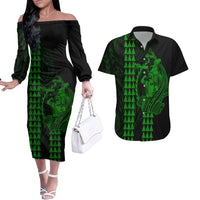 Polynesian Couples Matching Outfits Long Sleeve Dress And Long Sleeve Button Shirt Hawaiian Warrior and Aloha Girl With Hammerhead Shark Tattoos Green LT6 Green - Polynesian Pride