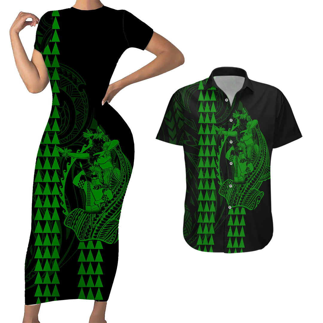 Polynesian Couples Matching Outfits Combo Bodycon Dress And Hawaii Shirt Hawaiian Warrior and Aloha Girl With Hammerhead Shark Tattoos Green LT6 - Polynesian Pride