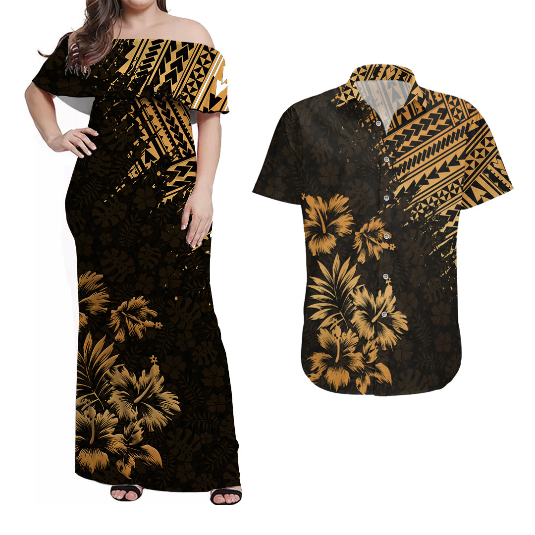 Hawaii Summer Matching Dress and Hawaiian Shirt Mix Polynesian Gold LT6 Gold - Polynesian Pride