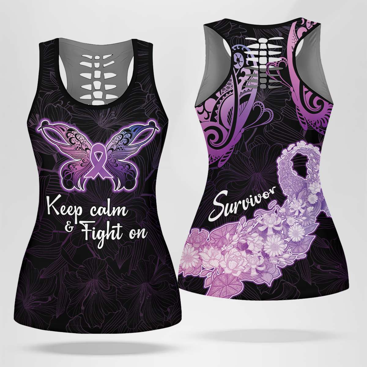 Pancreatic Cancer Awareness Hollow Tank Top Keep Calm And Fight On Polynesian Pattern LT05