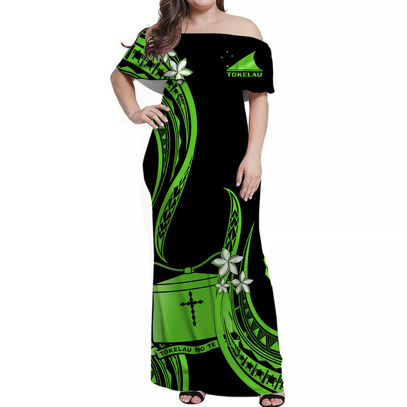 Tokelau Off Shoulder Long Dress Tokelauan Tatau With Badge Green LT14 Women Green - Polynesian Pride