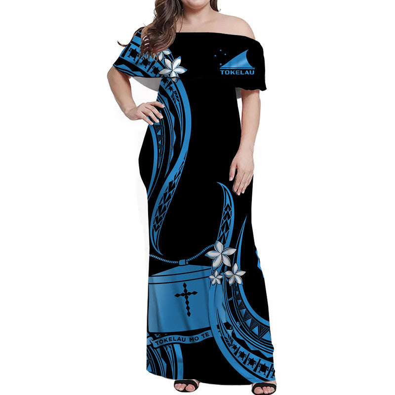 Tokelau Off Shoulder Long Dress Tokelauan Tatau With Badge Blue LT14 Women Blue - Polynesian Pride