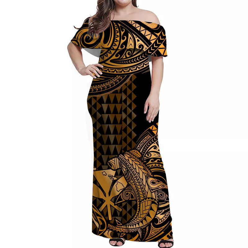 Hawaii Hammerhead Shark Off Shoulder Long Dress Polynesian Kakau With Kanaka Gold LT14 Women Gold - Polynesian Pride