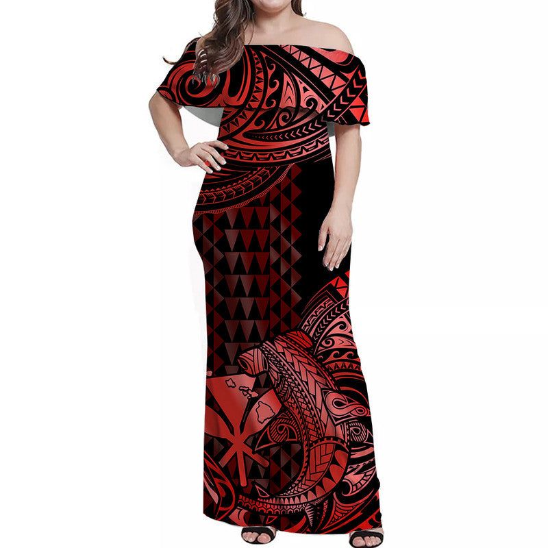 Hawaii Hammerhead Shark Off Shoulder Long Dress Polynesian Kakau With Kanaka Red LT14 Women Red - Polynesian Pride