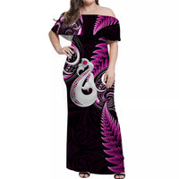 Personalised New Zealand Couples Off Shoulder Maxi Dress and Hawaiian Shirt Aotearoa Silver Fern With Manaia Maori Unique Pink LT14 - Polynesian Pride