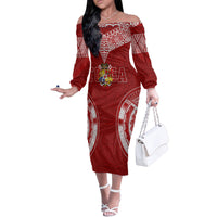 Personalised Tonga Independence Day Off Shoulder Long Sleeves Body Dress Kupesi Pattern Mix Style LT7 Women Red - Polynesian Pride