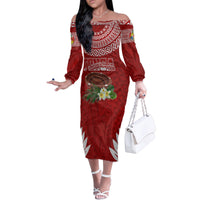 Personalised Tonga Independence Day Off Shoulder Long Sleeves Body Dress Kumete Kava Bowl With Plumeria LT7 Women Red - Polynesian Pride